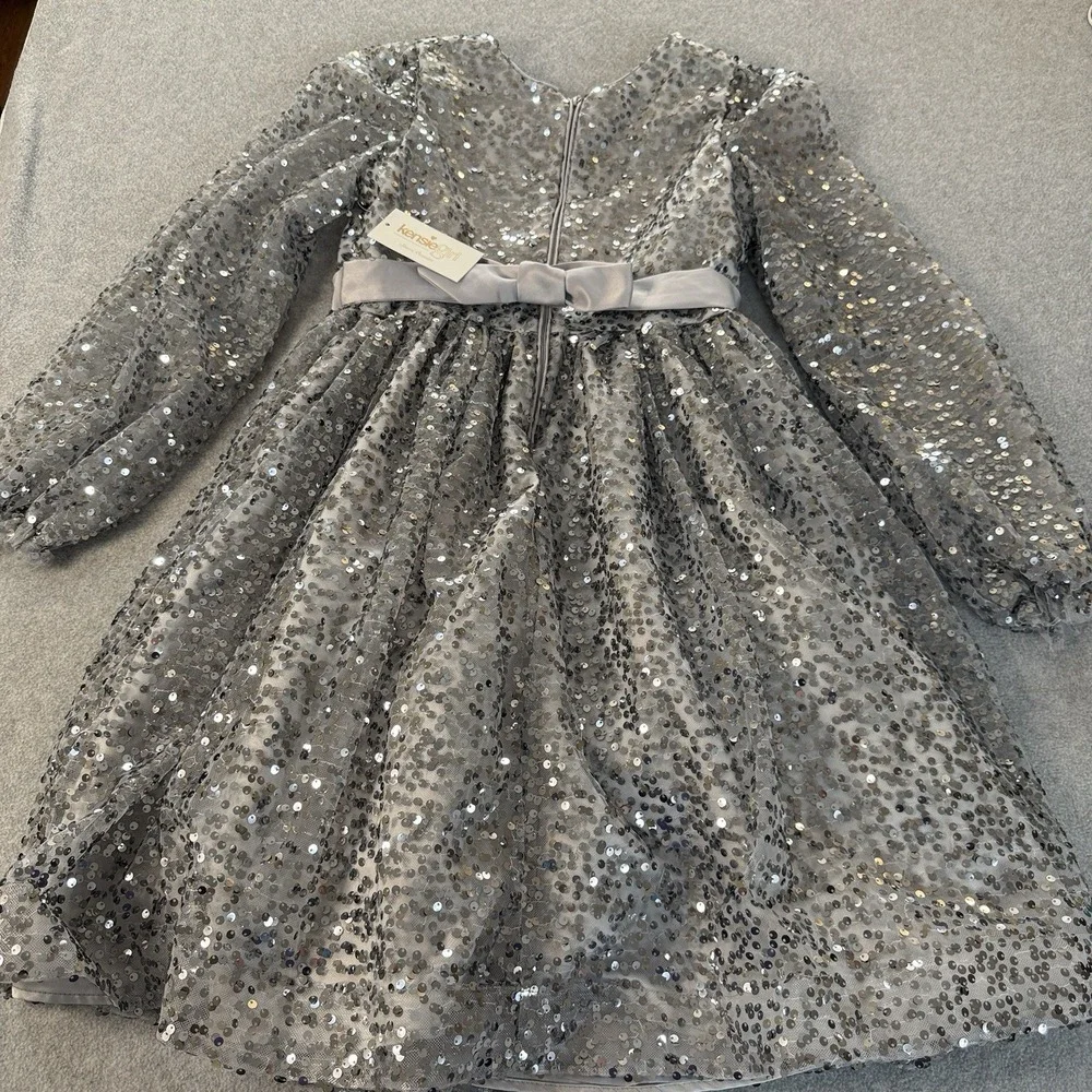 NWT Kensie Girl Silver Sequin Party Dress Girls 16 Long Sleeve Holiday Formal